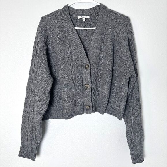 Madewell Sweater Size-L Gray Cable Knit Cropped Cardigan Metallic Wool - Picture 7 of 14